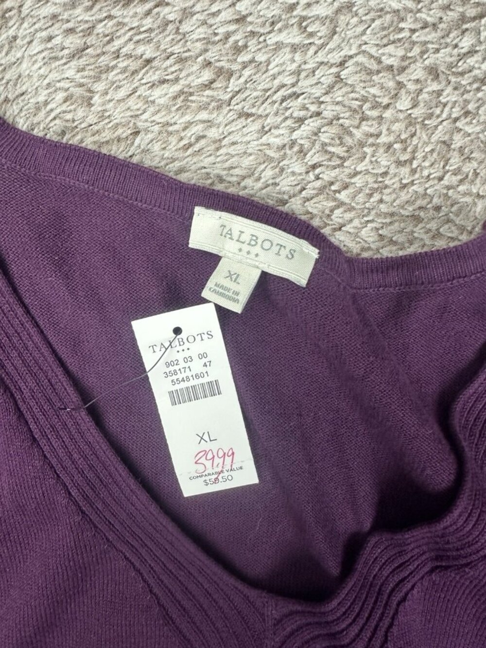 Talbots Factory Women's Plum Purple Fine Knit Cotton V-Neck Sweater XL New - Picture 7 of 9